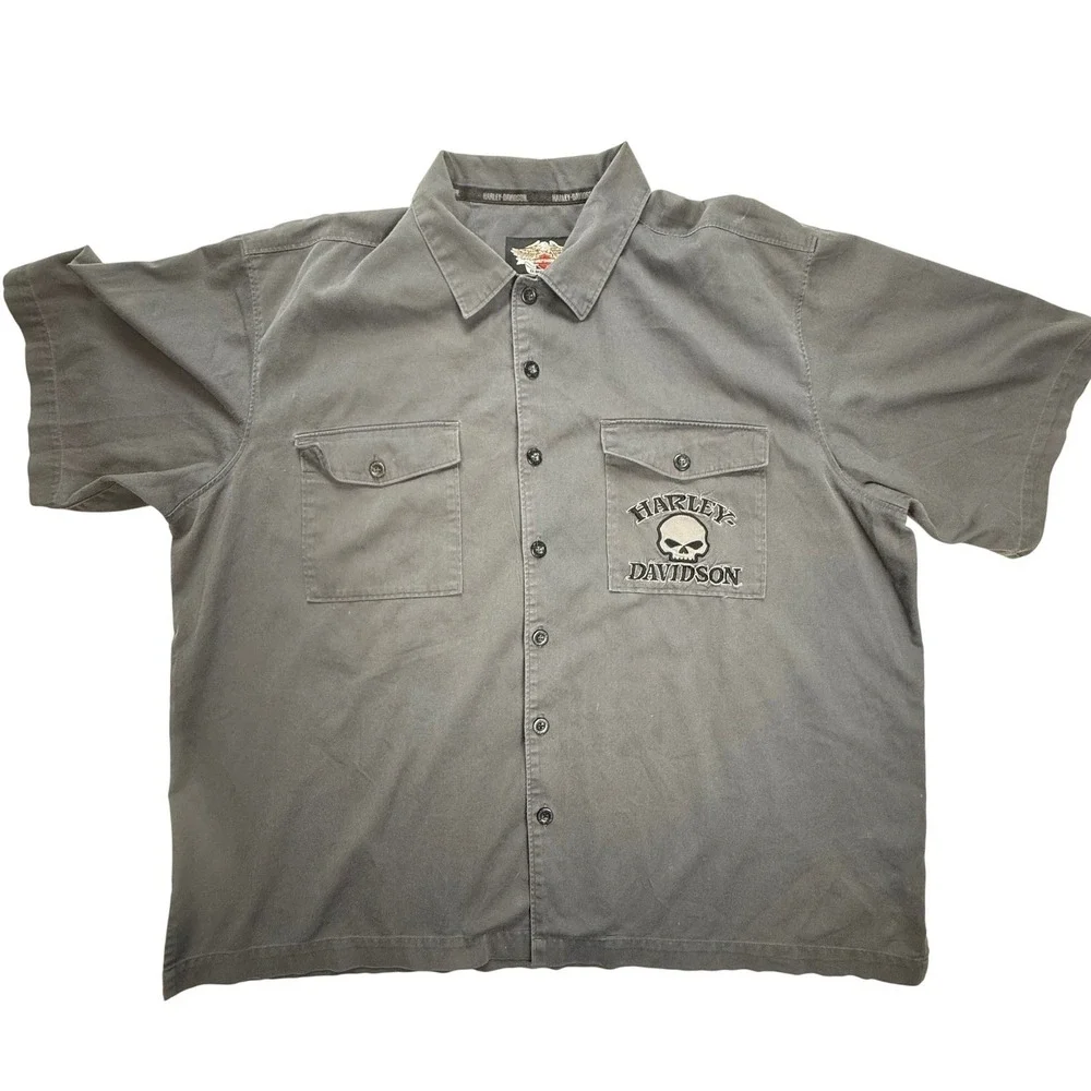 Harley Davidson Willie G Skull Work Shirt Mens 2XL Gray Short Sleeve 99031-08VM